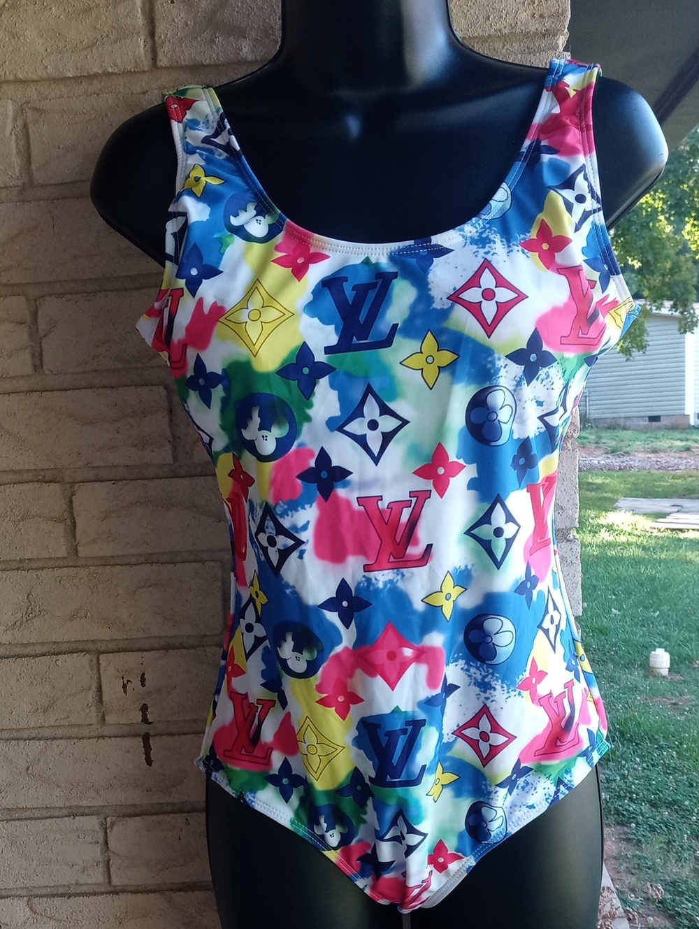 Louis Vuitton Multicolor Logo Scoop Swimsuit in Blue, Pink & Yellow